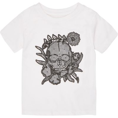 Mini boys white flocked skull print t-shirt